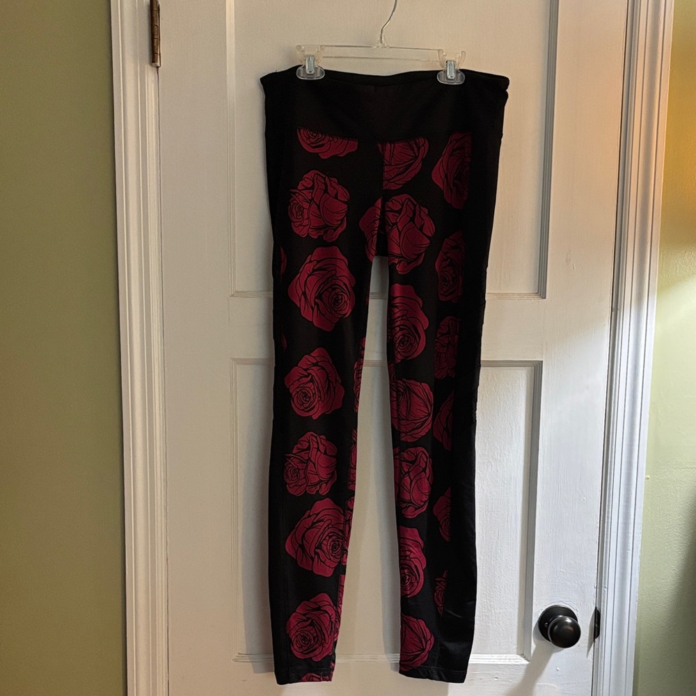 Black Leggings with Pink Rose Print